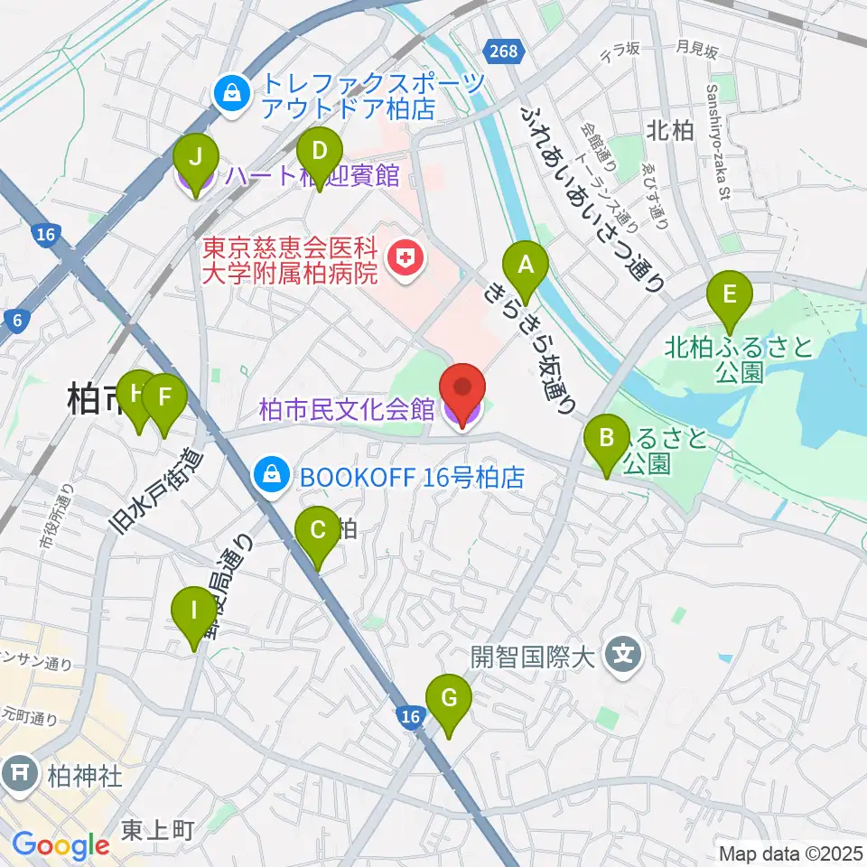 柏市民文化会館周辺のカフェ一覧地図