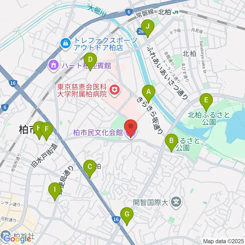 柏市民文化会館周辺のカフェ一覧地図