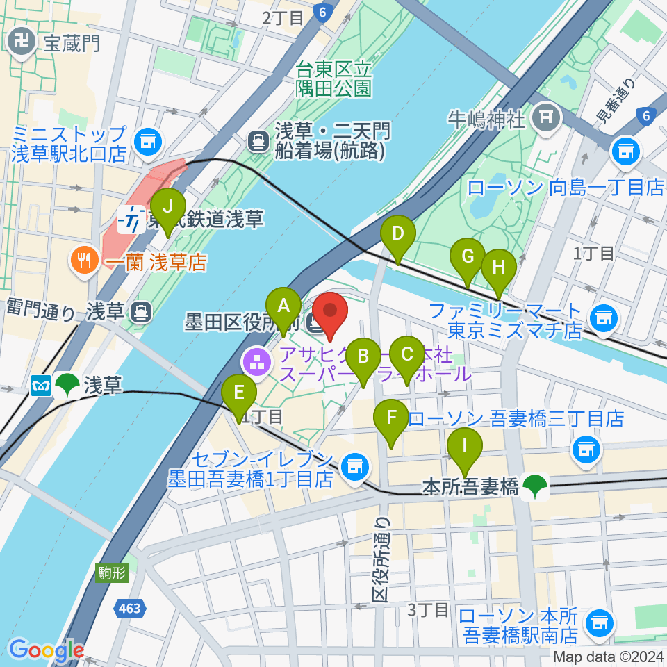 すみだリバーサイドホール周辺のカフェ一覧地図