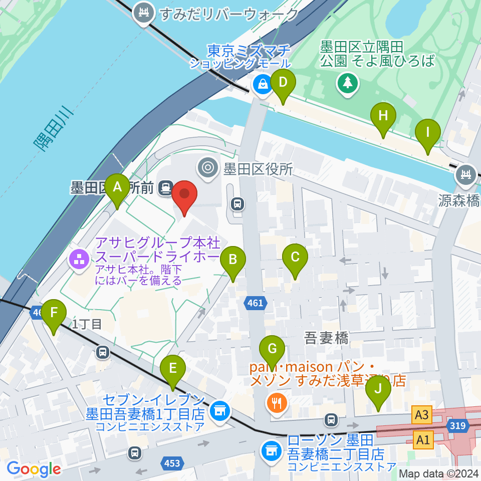 すみだリバーサイドホール周辺のカフェ一覧地図