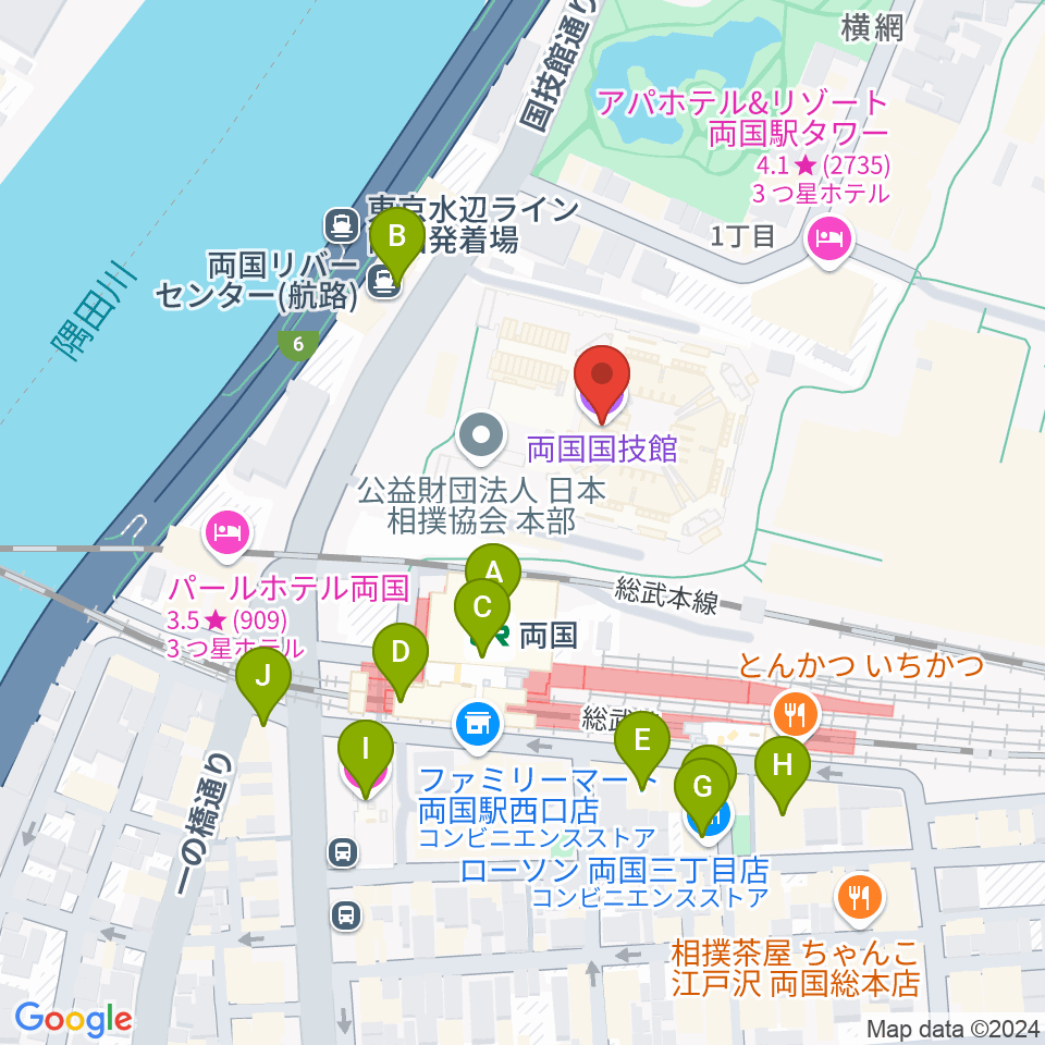 両国国技館周辺のカフェ一覧地図