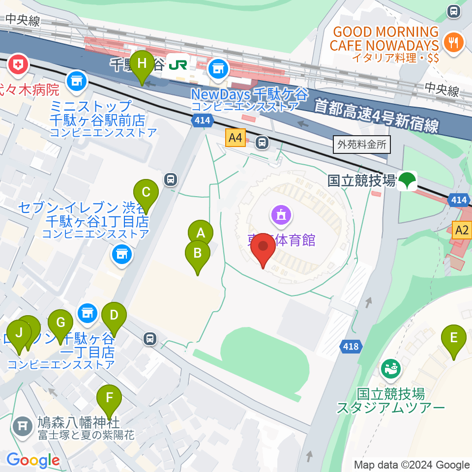 東京体育館周辺のカフェ一覧地図