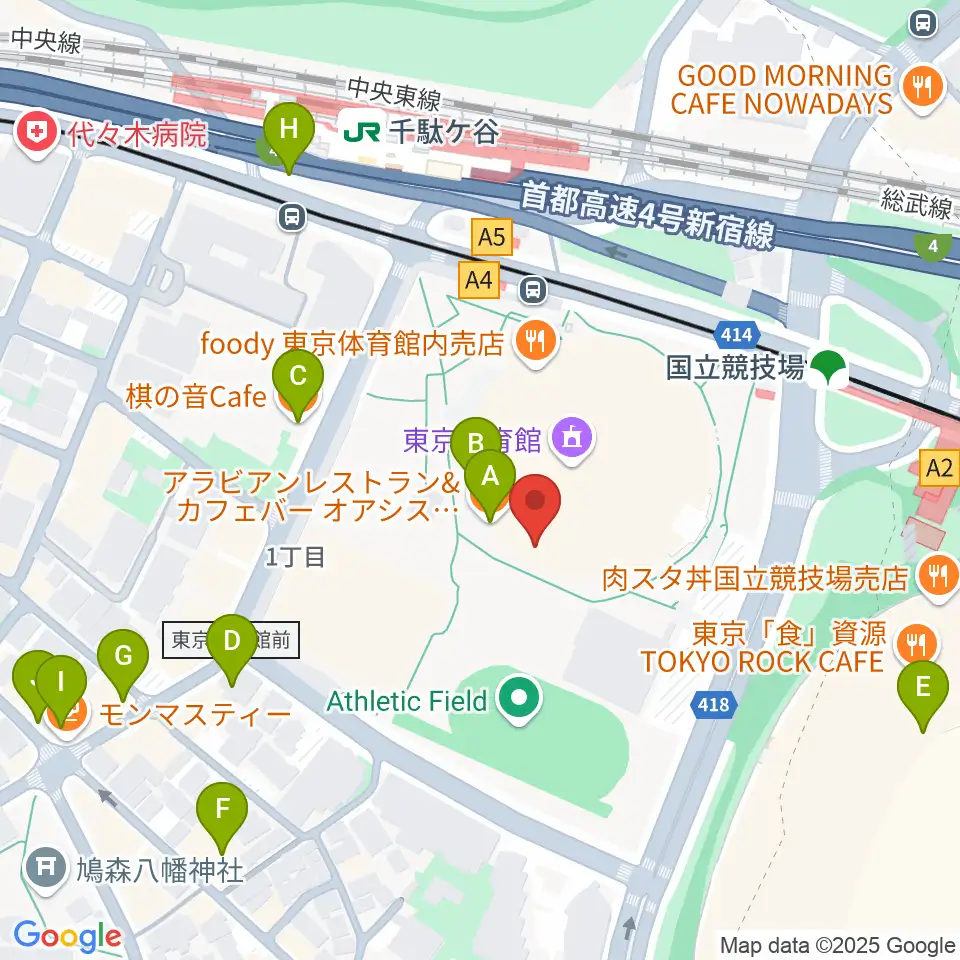 東京体育館周辺のカフェ一覧地図