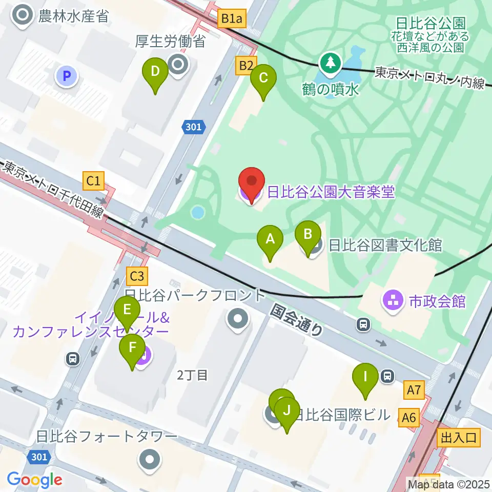 日比谷野音周辺のカフェ一覧地図