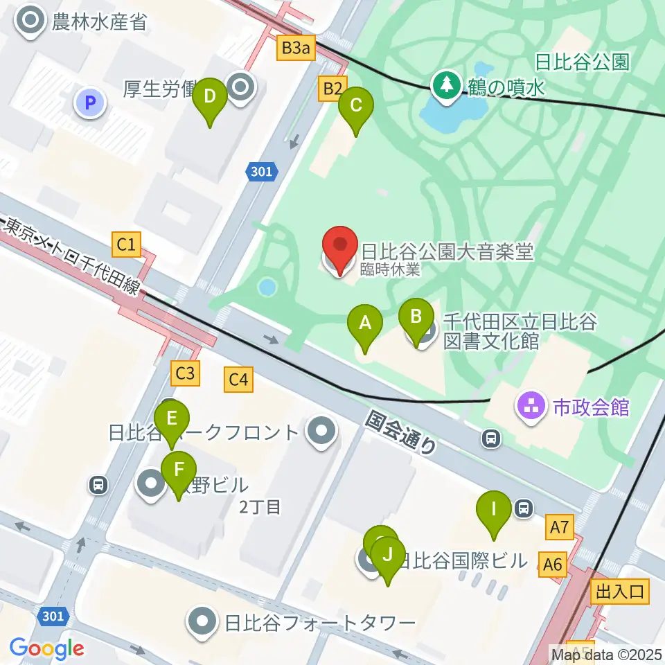 日比谷野音周辺のカフェ一覧地図