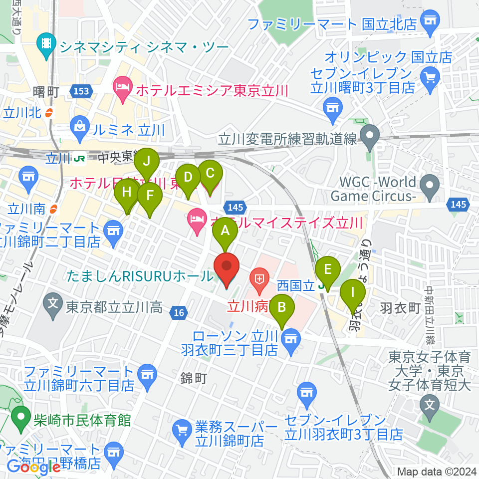 たましんRISURUホール周辺のカフェ一覧地図