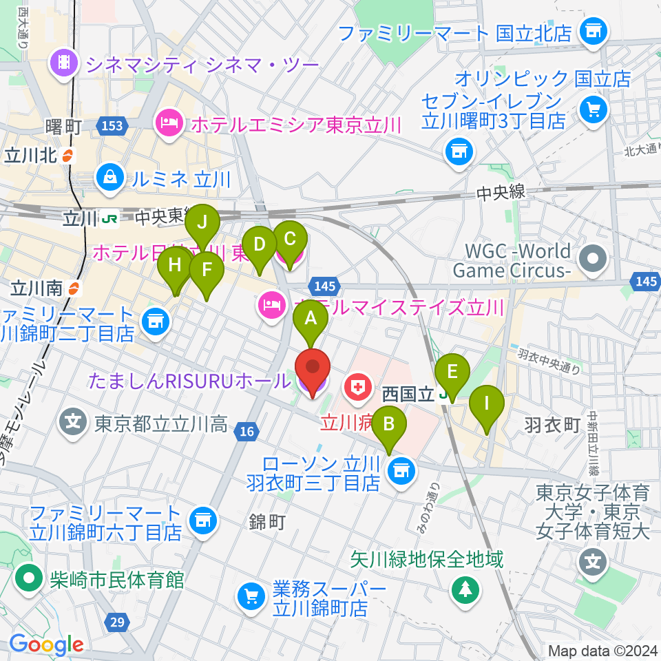 たましんRISURUホール周辺のカフェ一覧地図