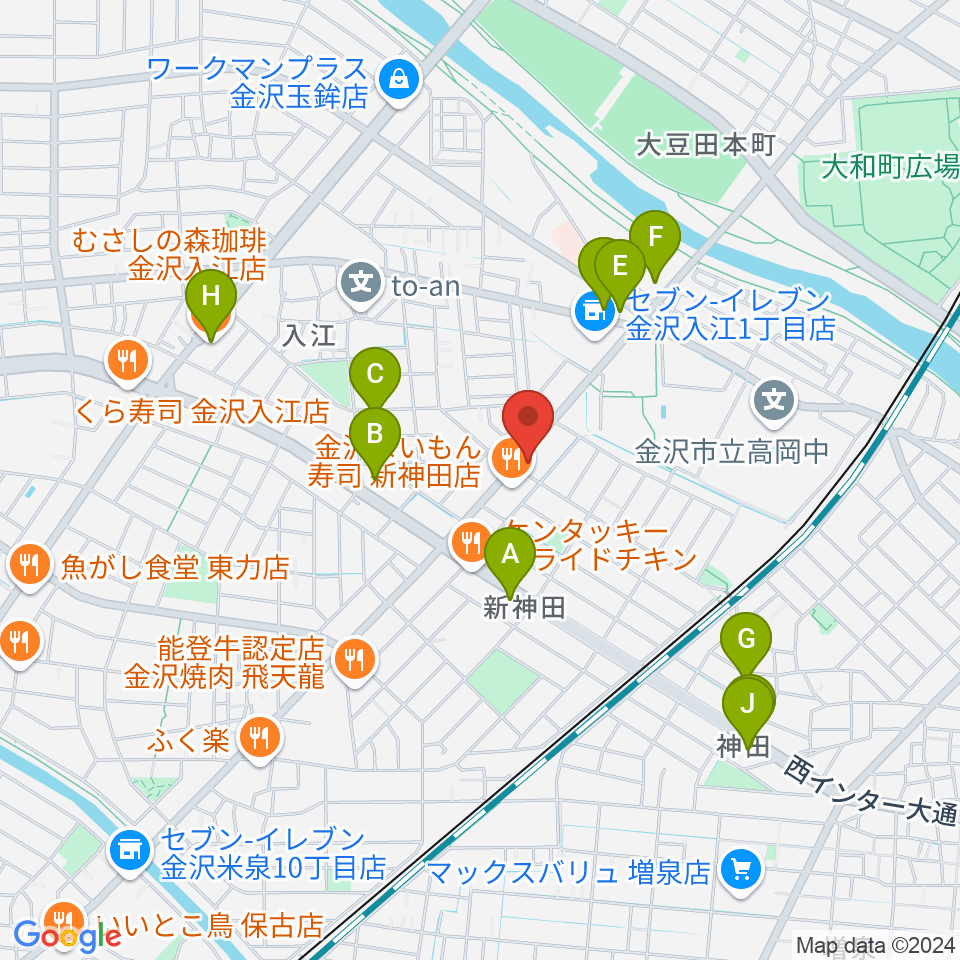 北陸楽器周辺のカフェ一覧地図