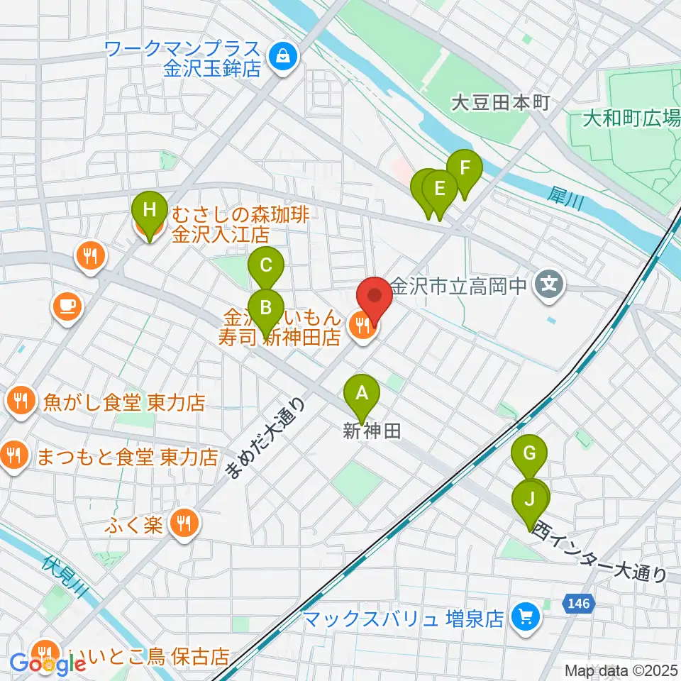 北陸楽器周辺のカフェ一覧地図
