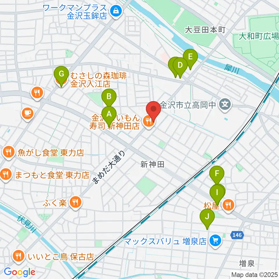 北陸楽器周辺のカフェ一覧地図