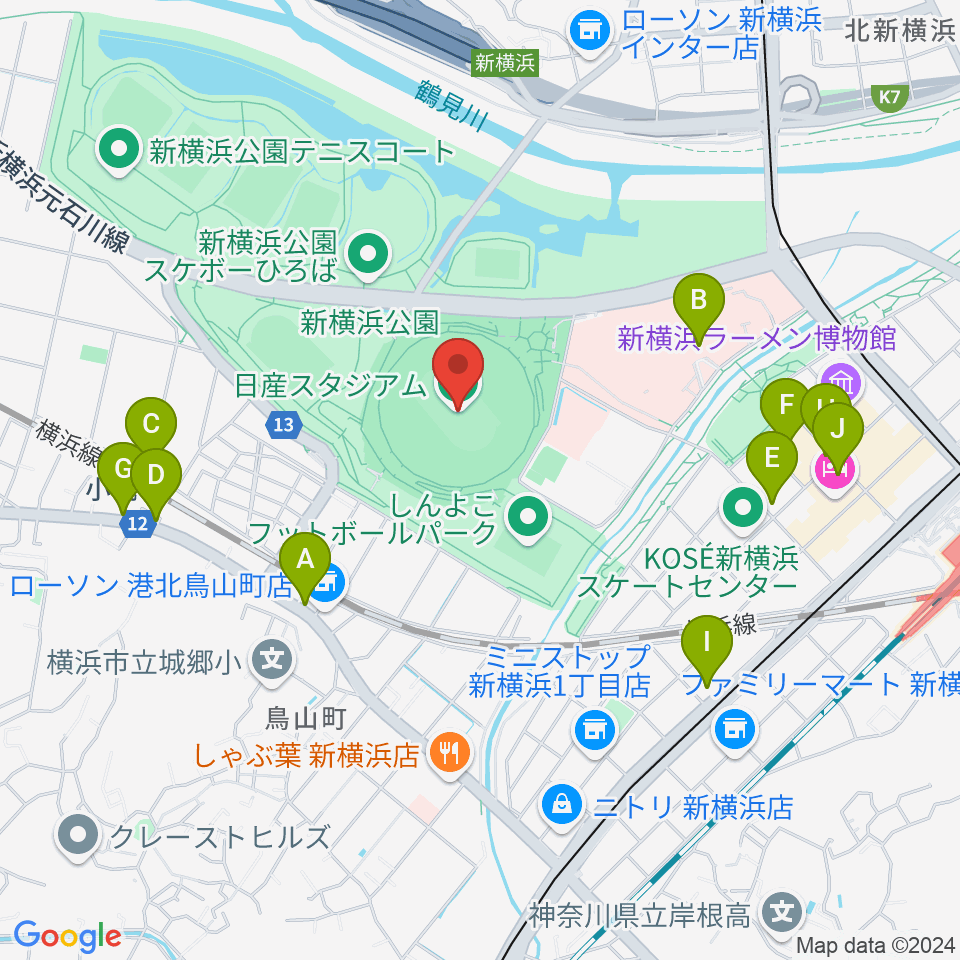 日産スタジアム周辺のカフェ一覧地図