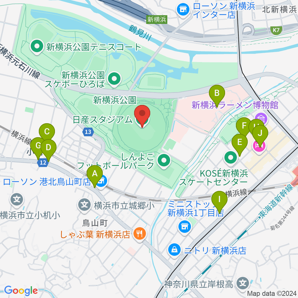 日産スタジアム周辺のカフェ一覧地図