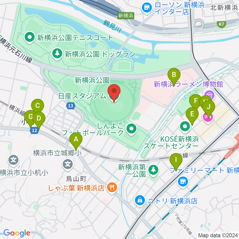 日産スタジアム周辺のカフェ一覧地図