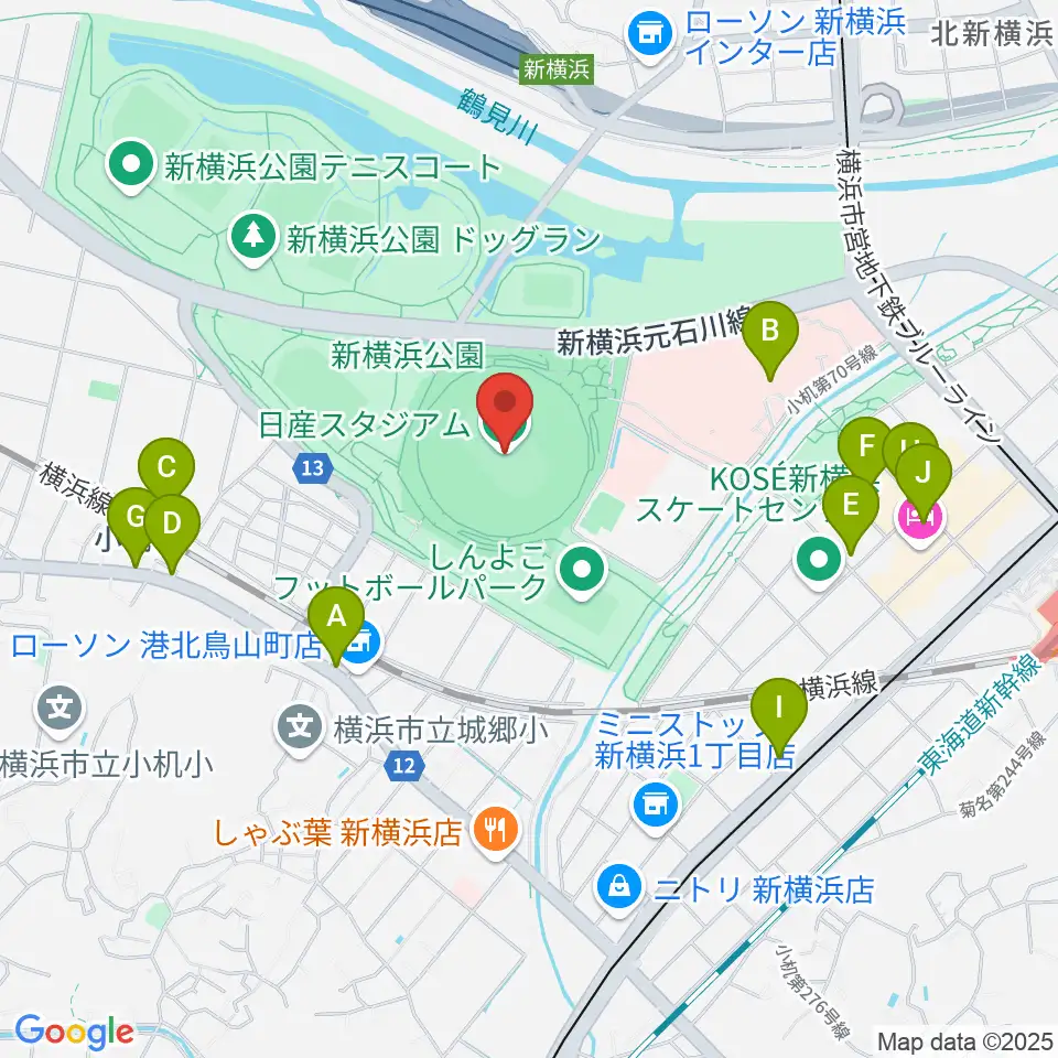 日産スタジアム周辺のカフェ一覧地図