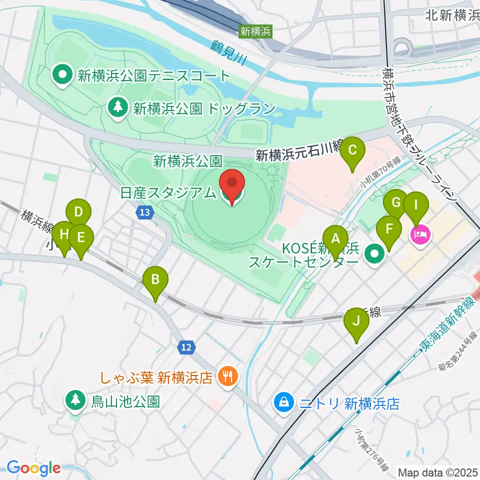 日産スタジアム周辺のカフェ一覧地図