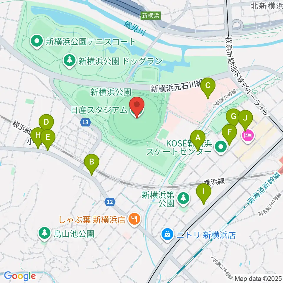 日産スタジアム周辺のカフェ一覧地図