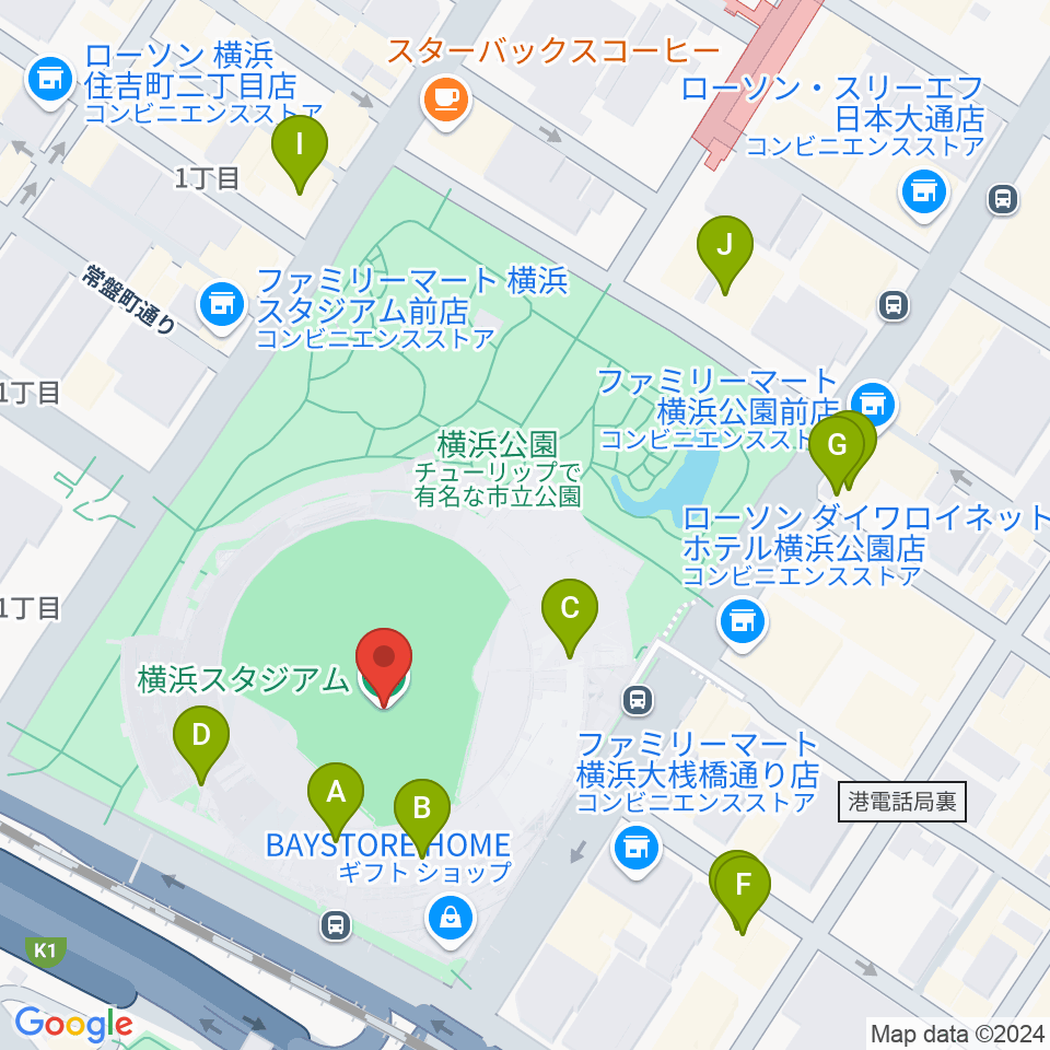 横浜スタジアム周辺のカフェ一覧地図