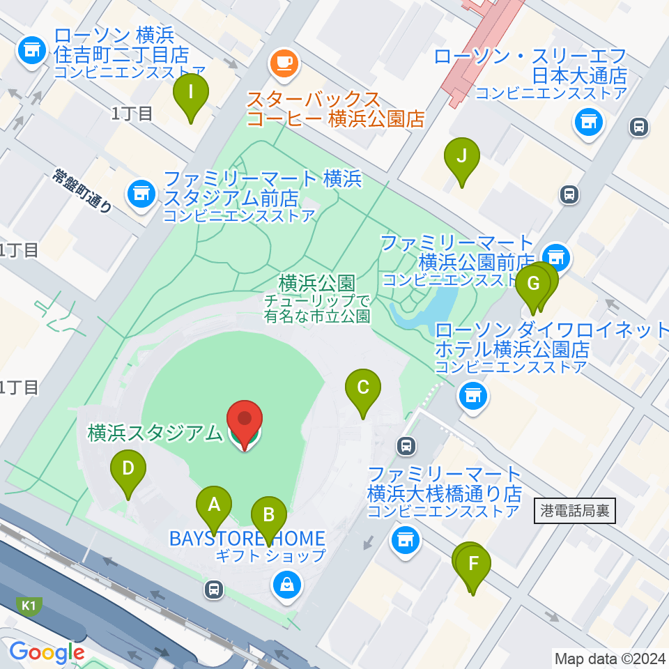 横浜スタジアム周辺のカフェ一覧地図