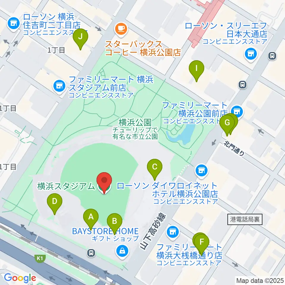 横浜スタジアム周辺のカフェ一覧地図
