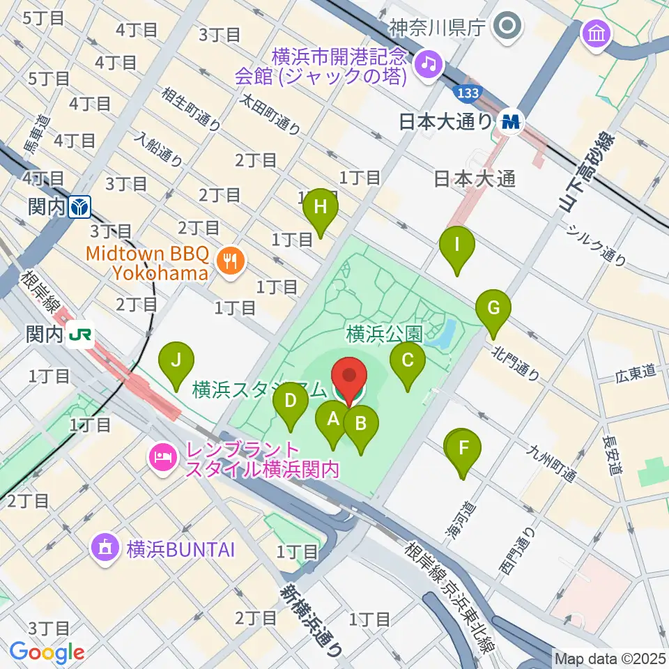 横浜スタジアム周辺のカフェ一覧地図