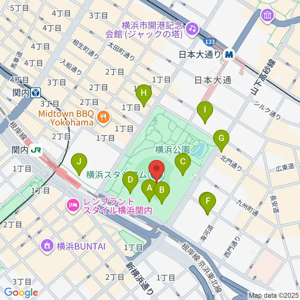 横浜スタジアム周辺のカフェ一覧地図