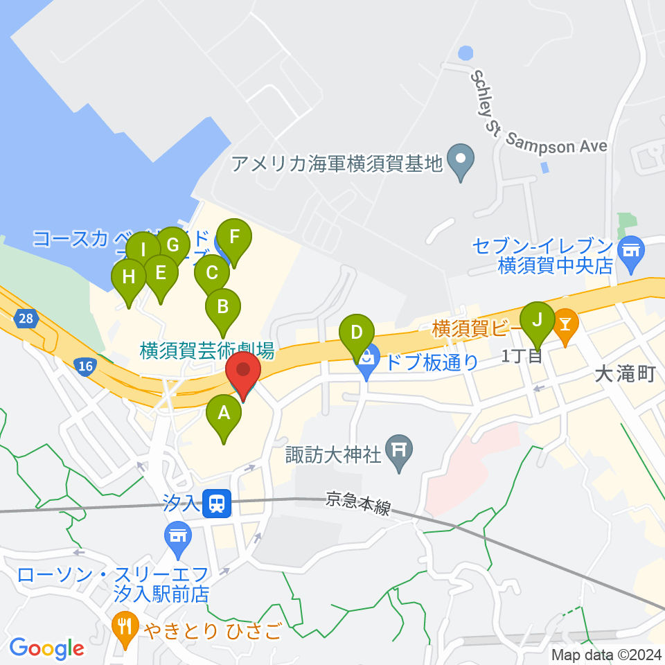 横須賀芸術劇場周辺のカフェ一覧地図