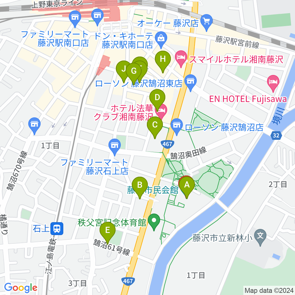 藤沢市民会館周辺のカフェ一覧地図