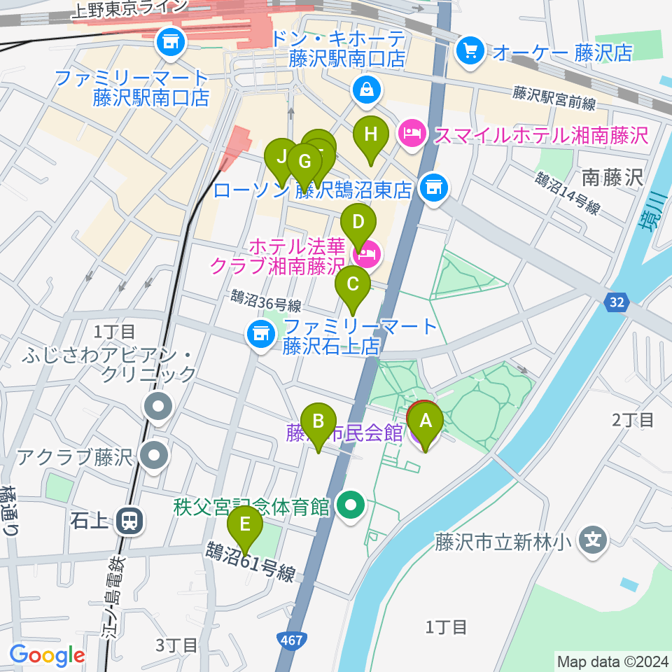 藤沢市民会館周辺のカフェ一覧地図