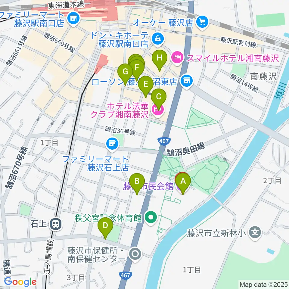 藤沢市民会館周辺のカフェ一覧地図