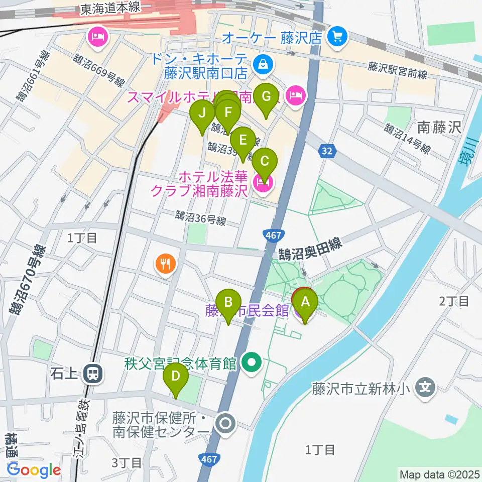 藤沢市民会館周辺のカフェ一覧地図