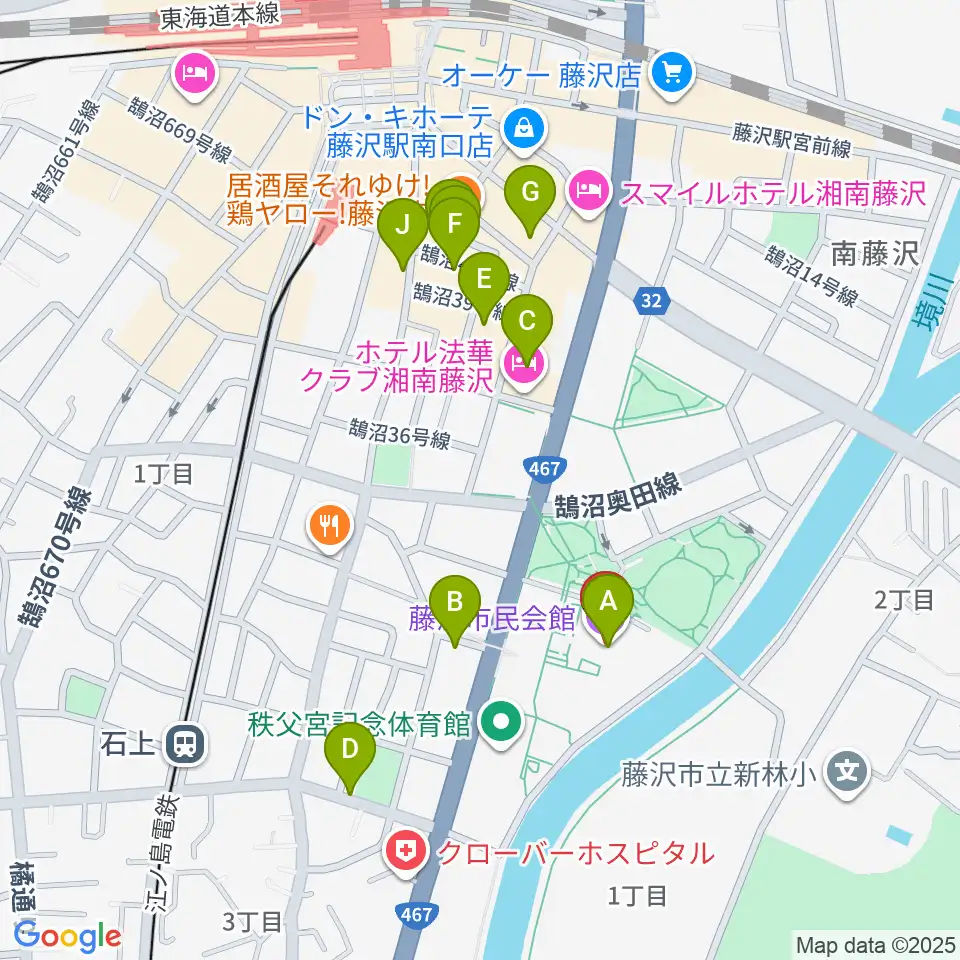 藤沢市民会館周辺のカフェ一覧地図
