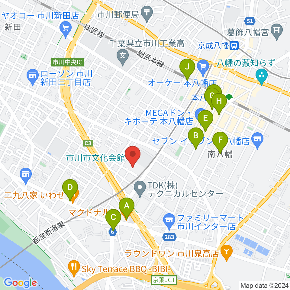 市川市文化会館周辺のカフェ一覧地図