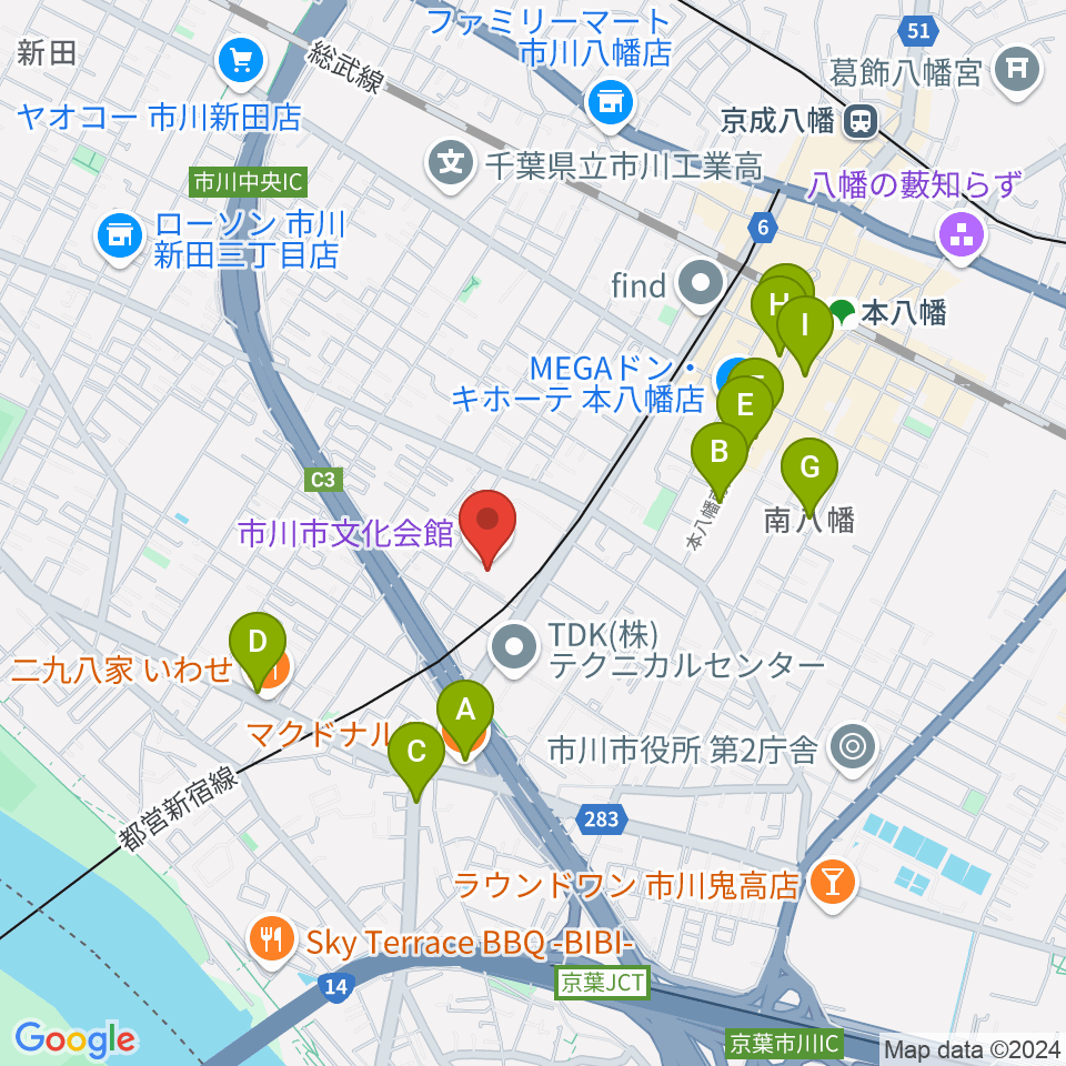 市川市文化会館周辺のカフェ一覧地図