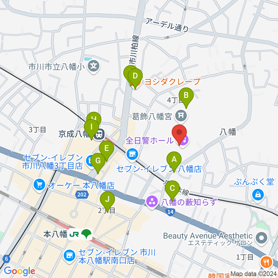 全日警ホール周辺のカフェ一覧地図