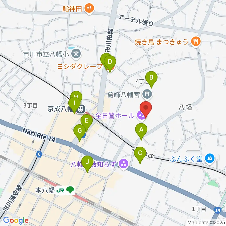 全日警ホール周辺のカフェ一覧地図