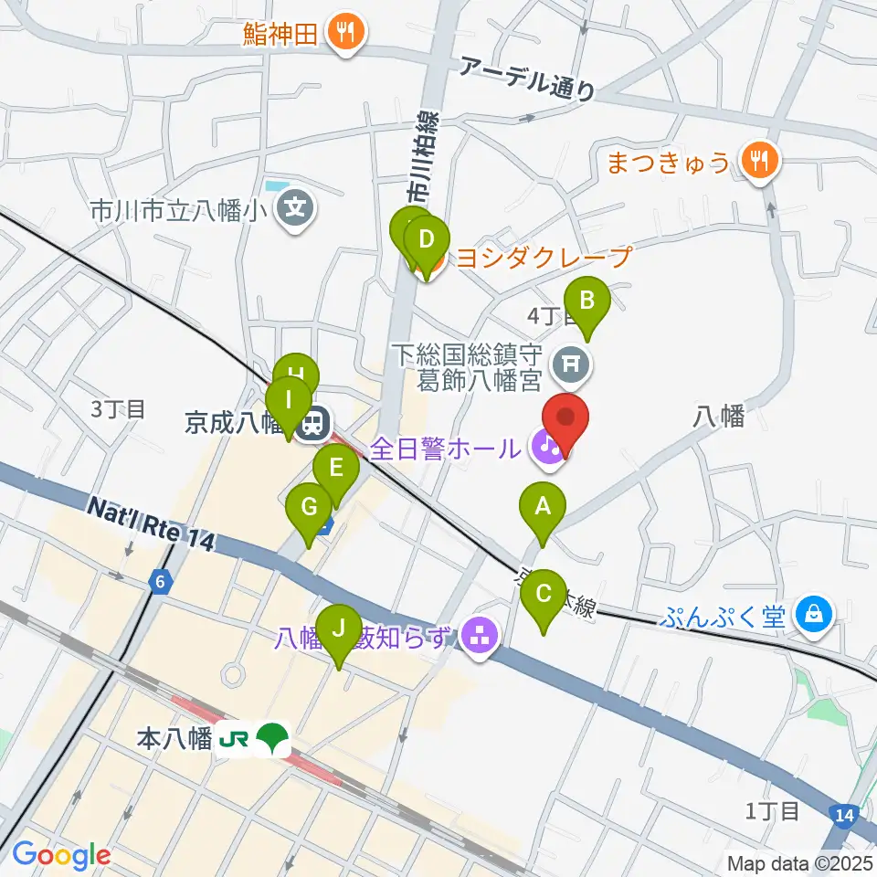全日警ホール周辺のカフェ一覧地図