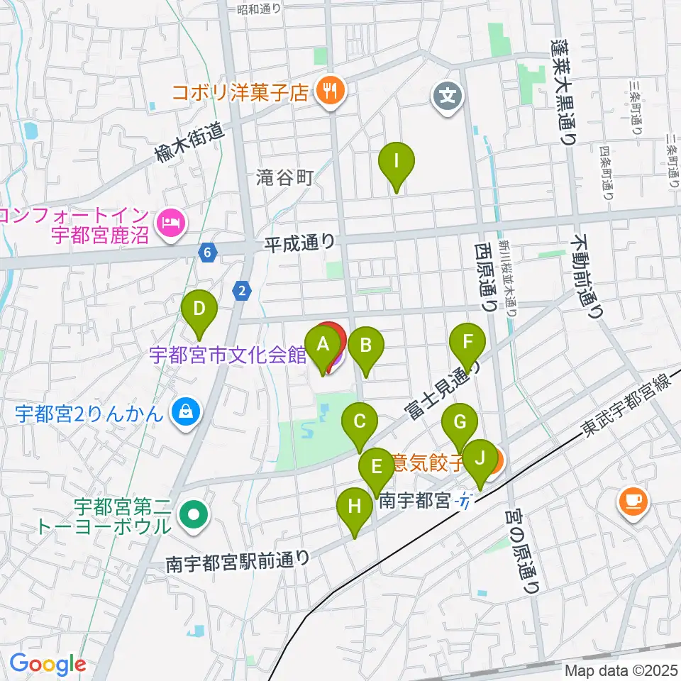 宇都宮市文化会館周辺のカフェ一覧地図