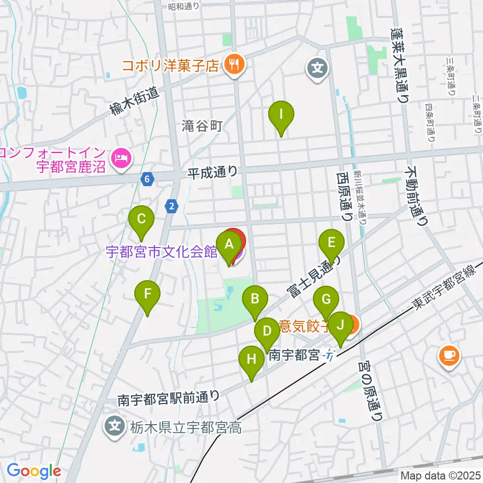 宇都宮市文化会館周辺のカフェ一覧地図