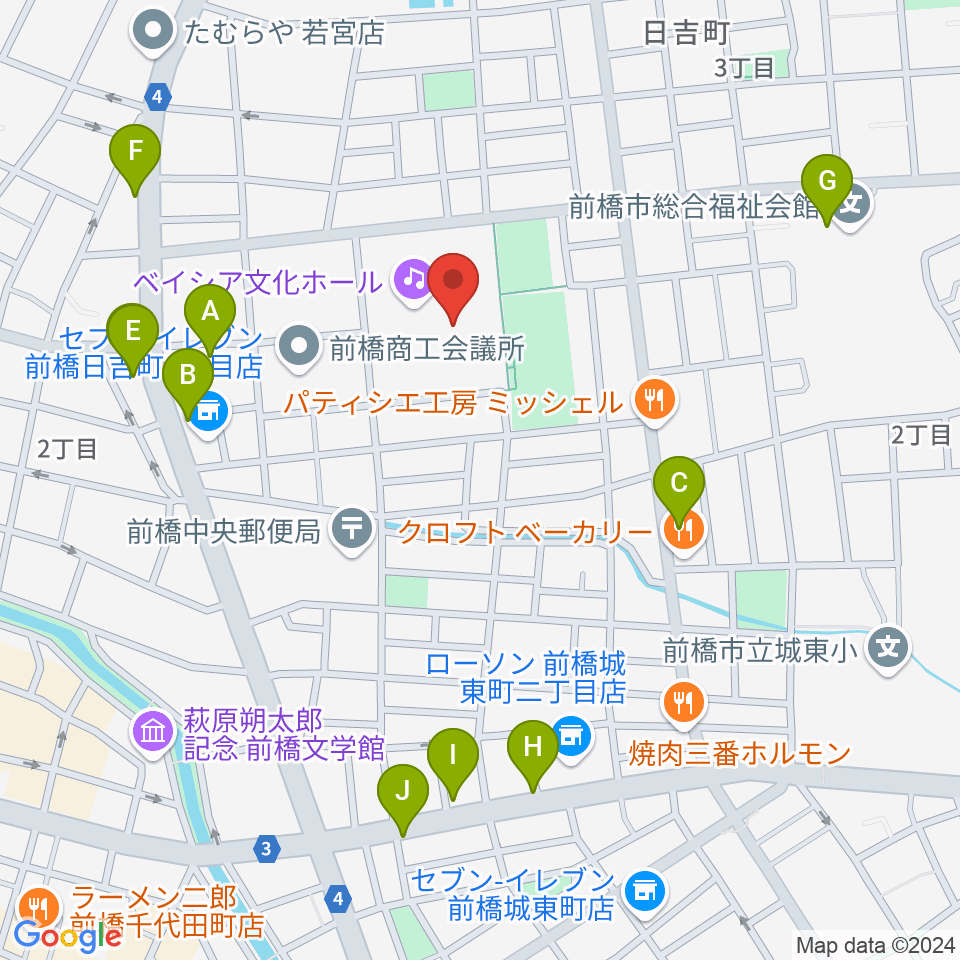 ベイシア文化ホール周辺のカフェ一覧地図