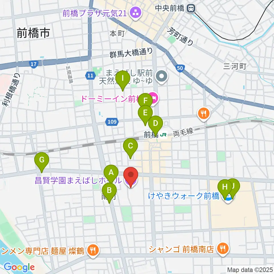 昌賢学園まえばしホール周辺のカフェ一覧地図