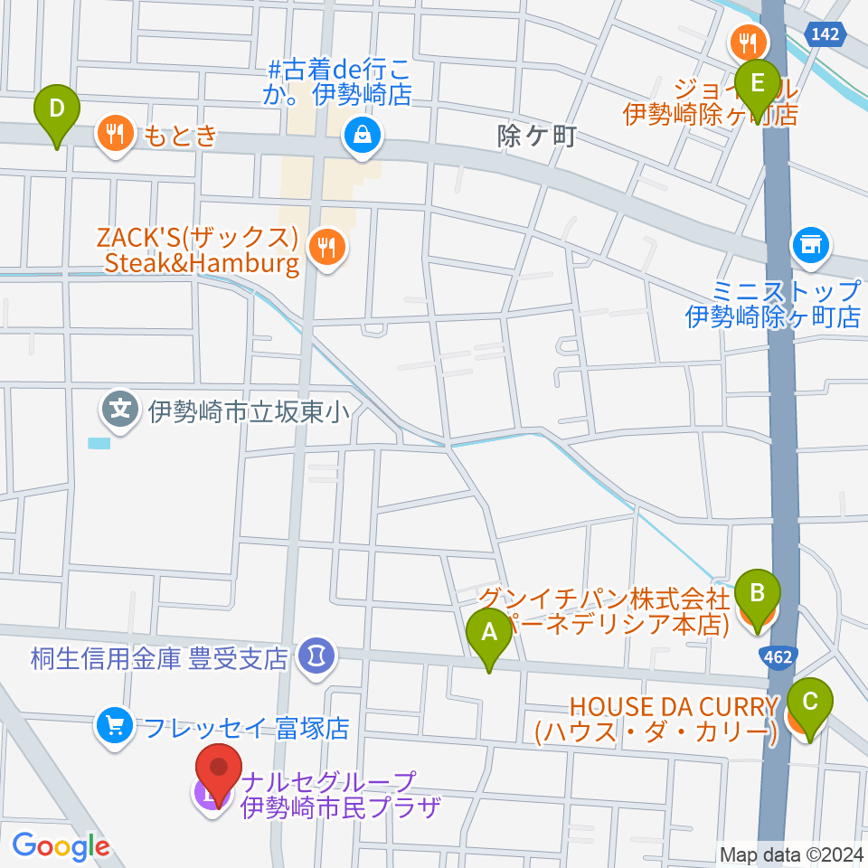 ナルセグループ伊勢崎市民プラザ周辺のカフェ一覧地図