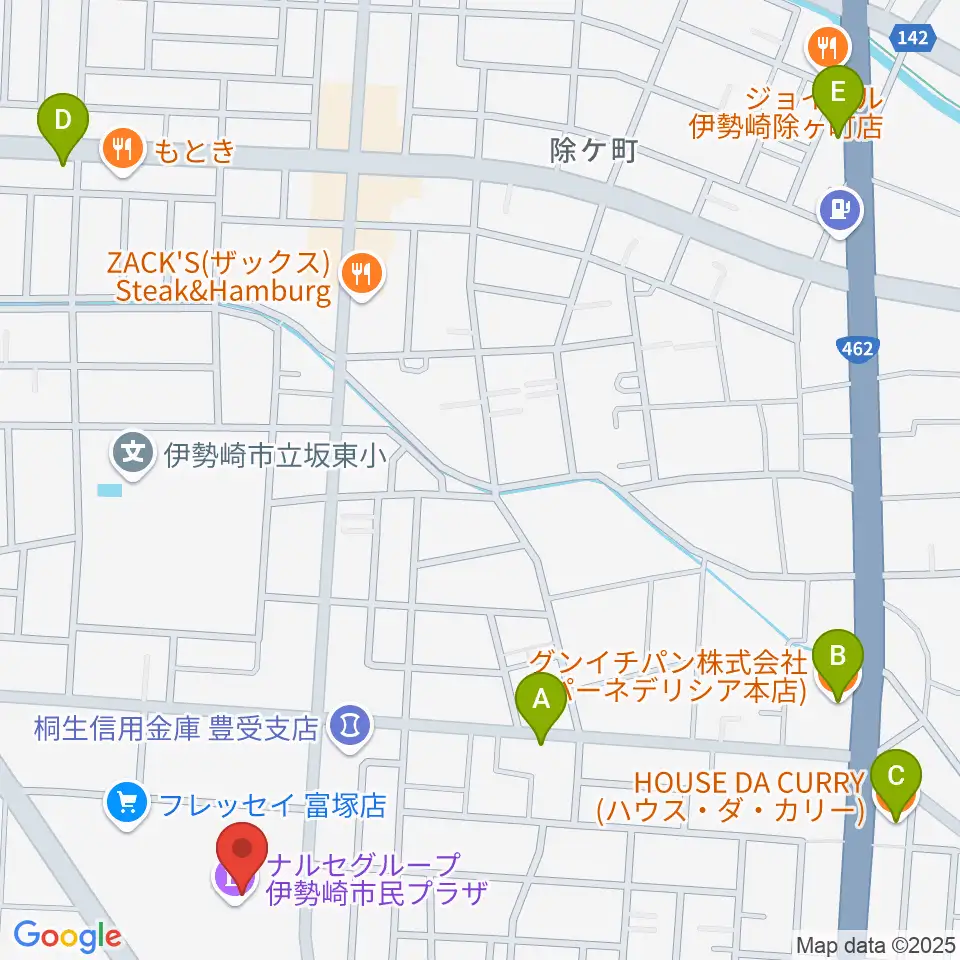 ナルセグループ伊勢崎市民プラザ周辺のカフェ一覧地図