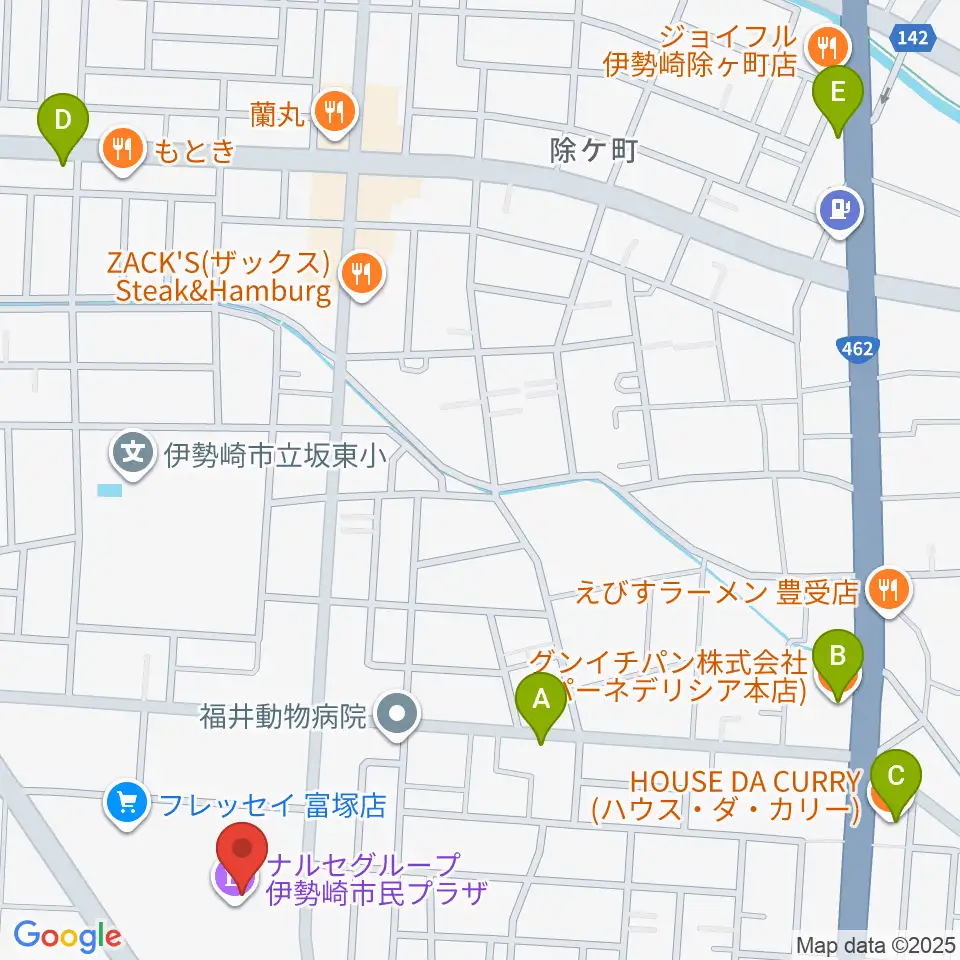 ナルセグループ伊勢崎市民プラザ周辺のカフェ一覧地図
