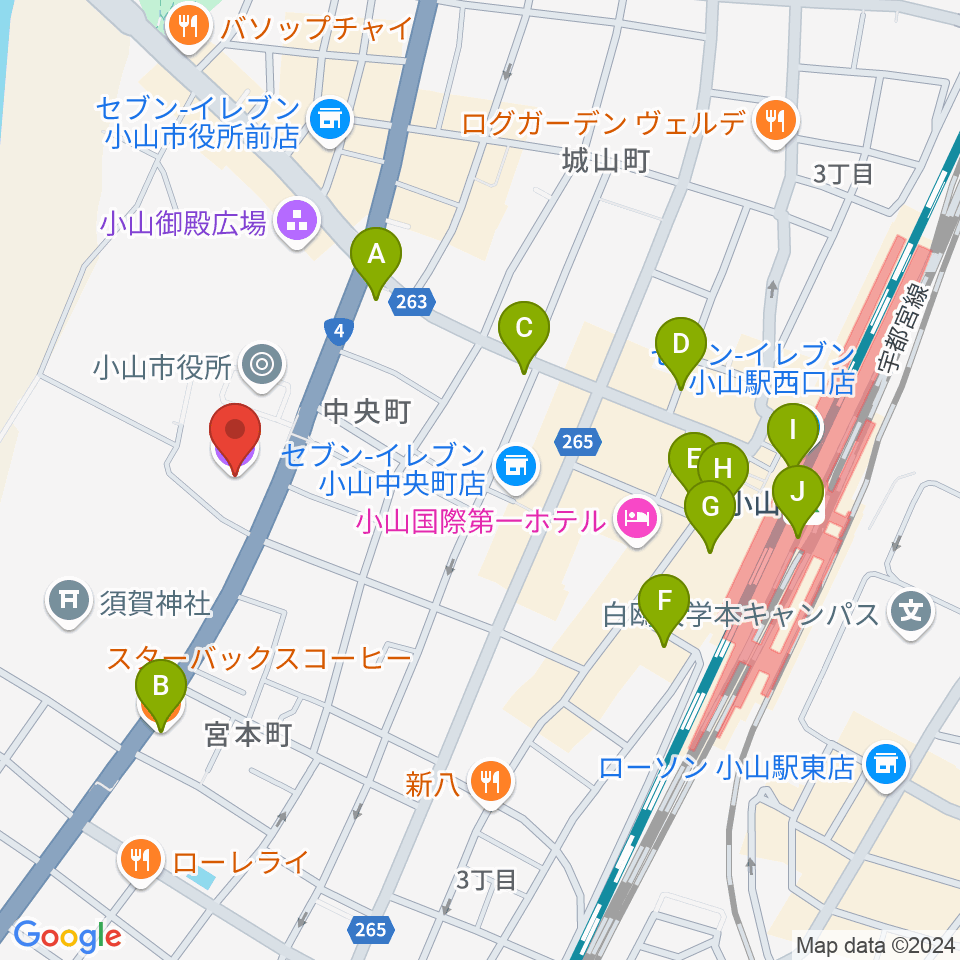 小山市立文化センター周辺のカフェ一覧地図