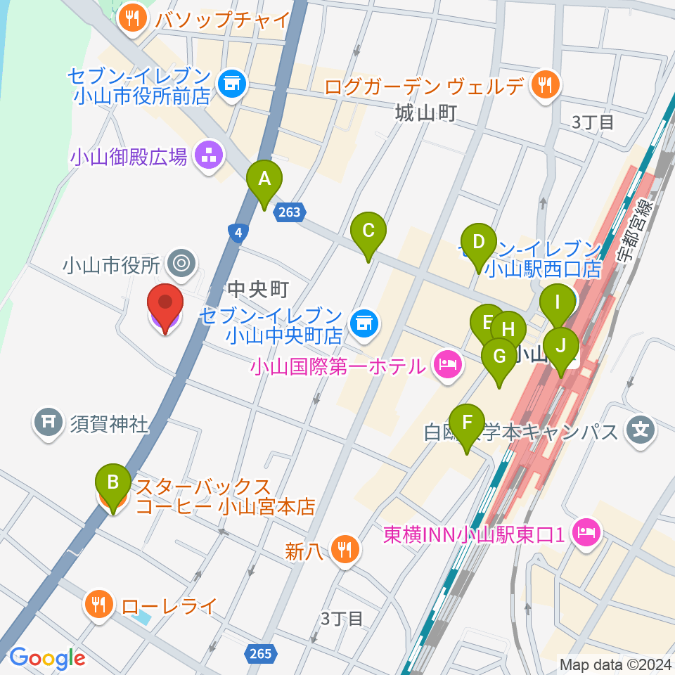 小山市立文化センター周辺のカフェ一覧地図