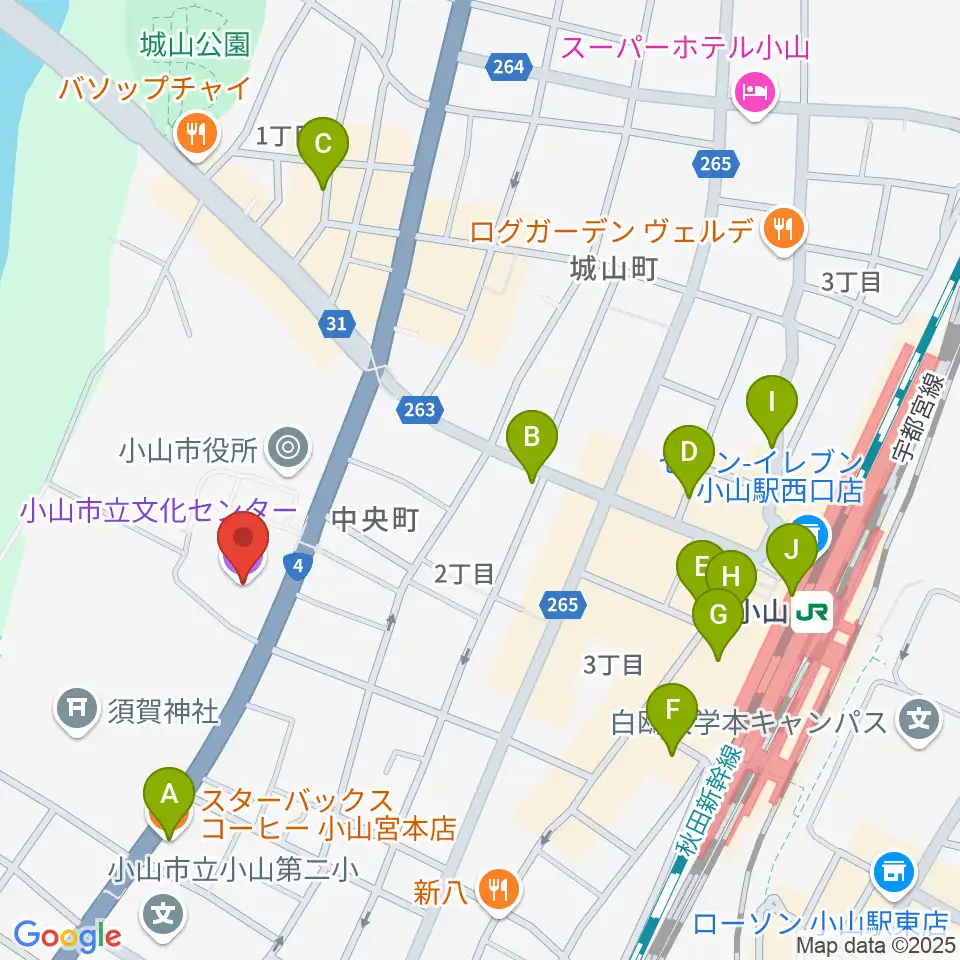小山市立文化センター周辺のカフェ一覧地図