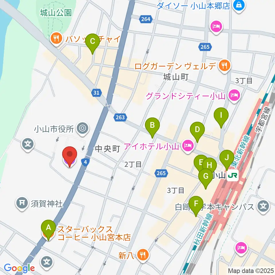 小山市立文化センター周辺のカフェ一覧地図