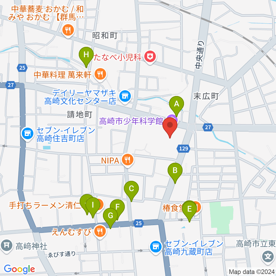 高崎市文化会館周辺のカフェ一覧地図