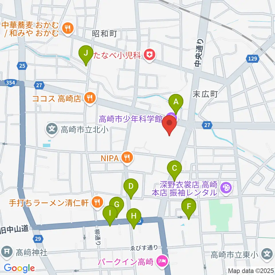 高崎市文化会館周辺のカフェ一覧地図