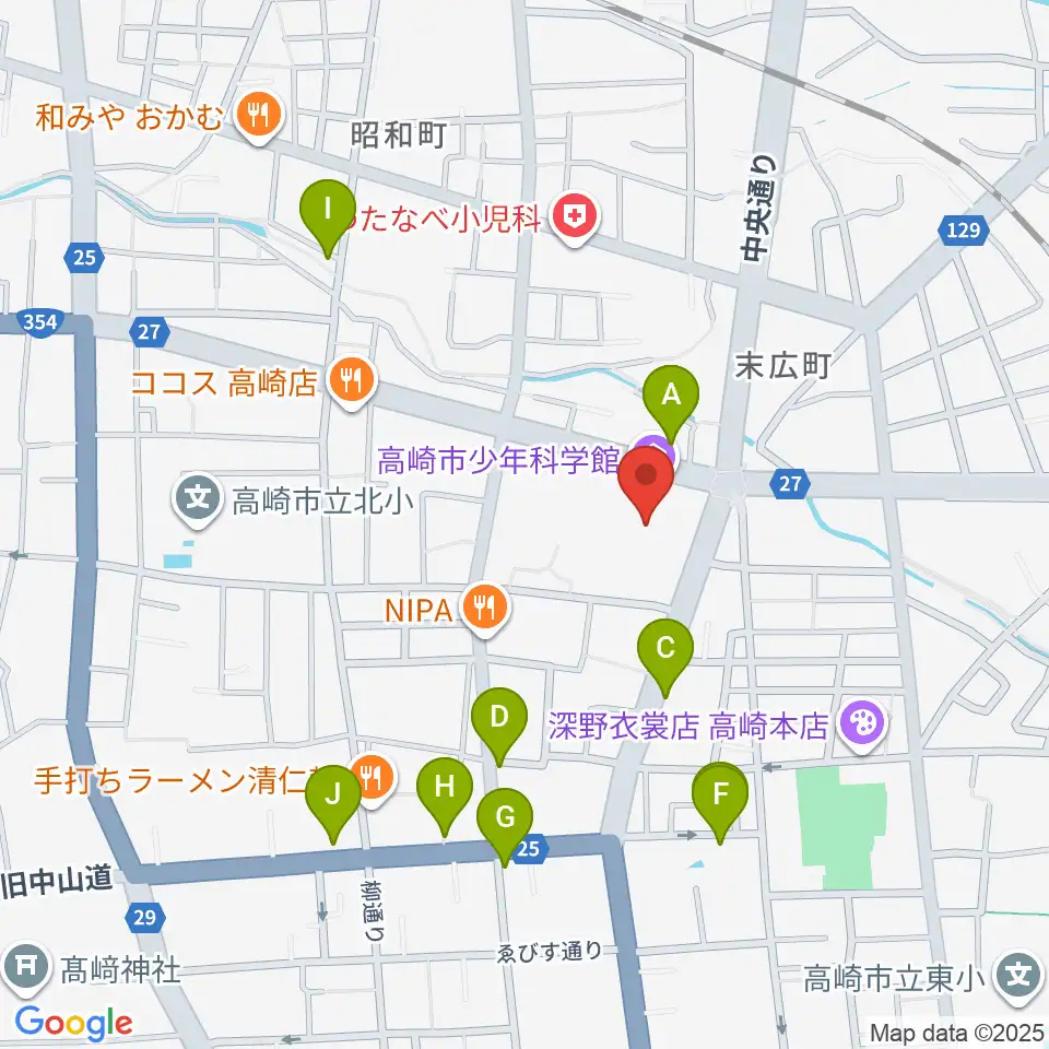 高崎市文化会館周辺のカフェ一覧地図